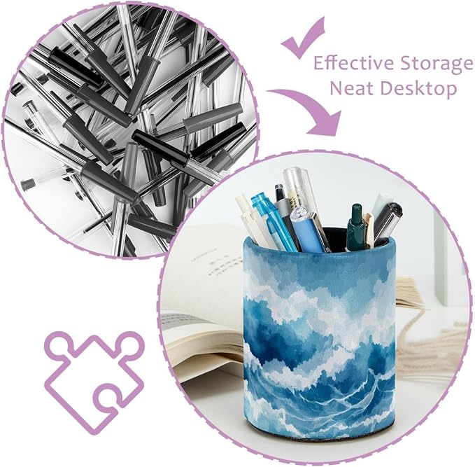 Faux Leather Pen Holder for Desk, Pencil Organizer Blue Ocean Waves Pen Cup Desk Decor Makeup Brush Holder Storage for Office Home
