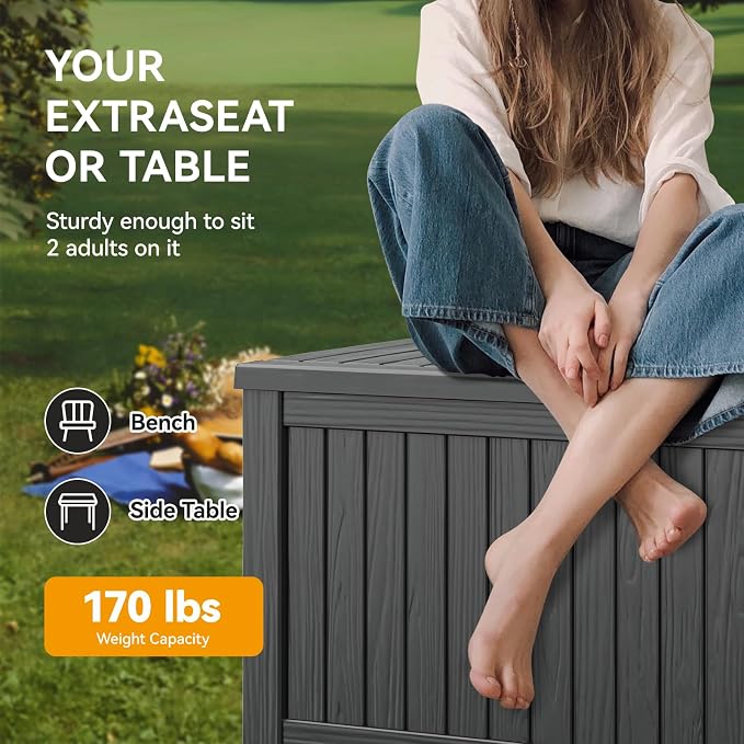 230 Gallon Outdoor Storage Box Waterproof Deck Box for Patio | Black, Resin, Large, Weatherproof, Divider, Lockable, Hydraulic Rod, Easy Assembly, Patio Cushions Storage, Organization