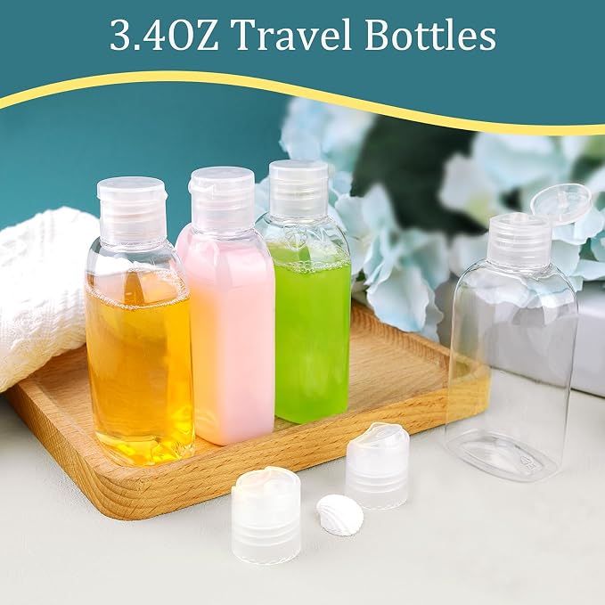 Cosywell Travel Shampoo Bottles 4pcs 3.4oz Travel Bottles for Toiletries | Clear Travel Size Bottle, TSA Approved Plastic Squeeze Bottle, Leak Proof, with Flip Cap, and a Toiletry Bag