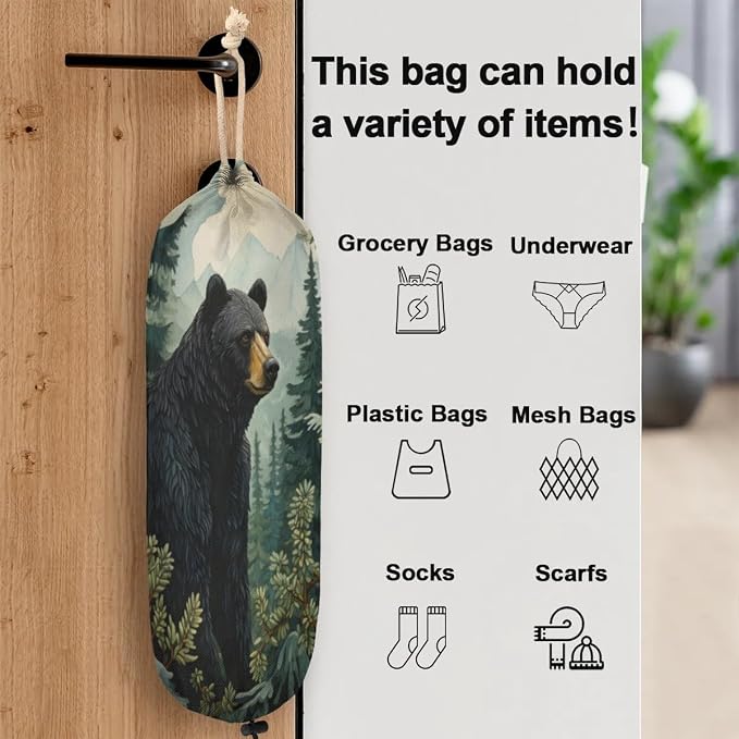 Forest Bear Plastic Bag Holder Green Tree Grocery Bag Storage Dispenser Washable Hanging Shopping Bags Carrier Reusable Wall Mount Trash Bag Organizer for Kitchen Pantry