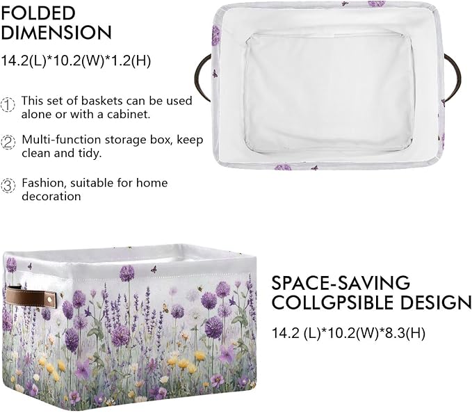 Lavender Fabric Storage Bin, Foldable Organizer Bag for Baby Cloth, Dog Toy, Book Storage Cubes, Shelf Closet Basket - 16x12x8