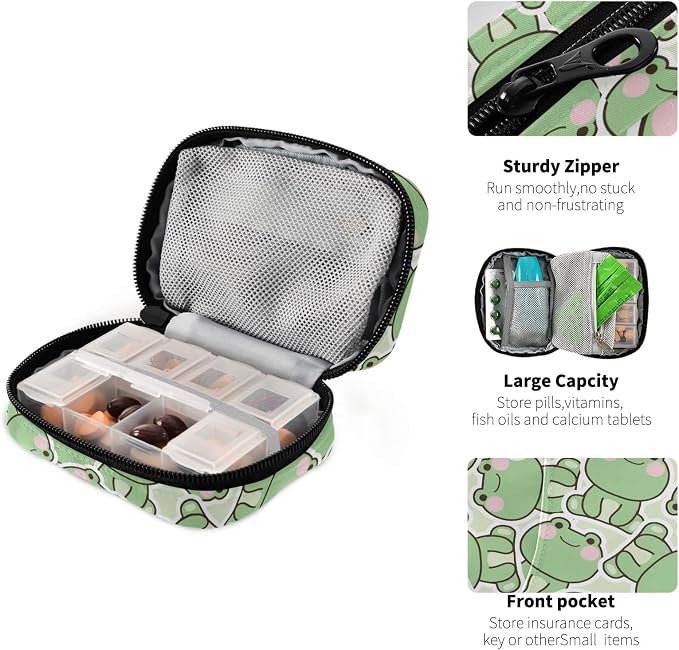 Pill Case 7 Day Pill Organizer Cute Frog Animal Travel Pill Case Portable Weekly Pill Box Bag Container Vitamin Supplement Holder with Zipper for Family Business