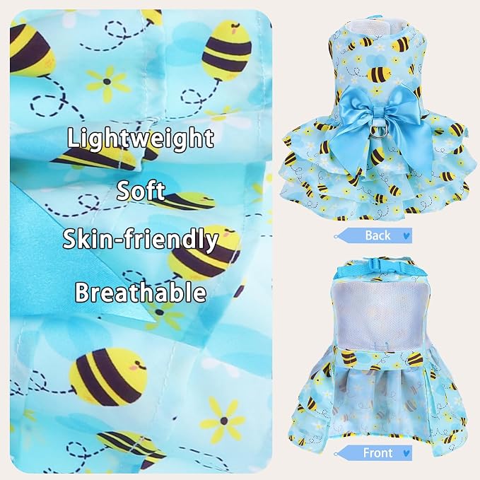 PUPTECK Summer Dog Dress with Bow and Leash Ring, Blue Yellow Bee XS | Cute Adorable Breathable Mesh Dog Clothes for Small Medium Dogs Puppy Cats, Pet Outfit Apparel for Birthday Party