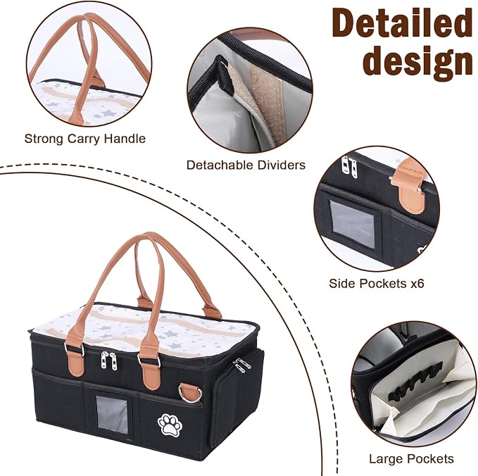 Felt Dog Grooming Bag,Portable Tote Bag for Dogs Cats,Dog Storage Organizer for Grooming Tool Kit,3 Compartments Pet Stuff Oganizers with 8 Pockets-Black