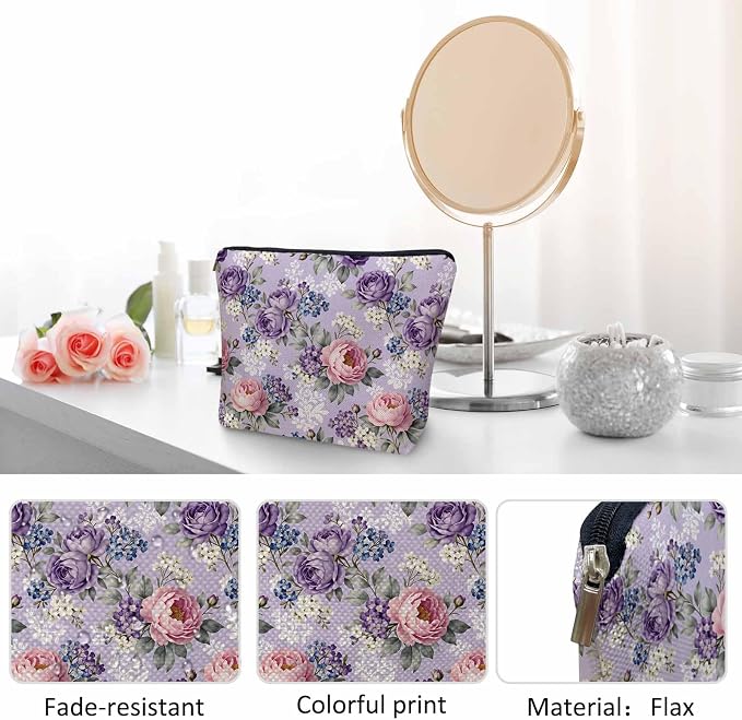 Rose Purple Makeup Bags Makeup Organizer, Vintage Blossom Flowers Rose Flax Toiletry Bags Travel Cosmetic Bag Makeup Purse Pouch Skincare Bag Wallet Bags For Women Female Mom Daughter