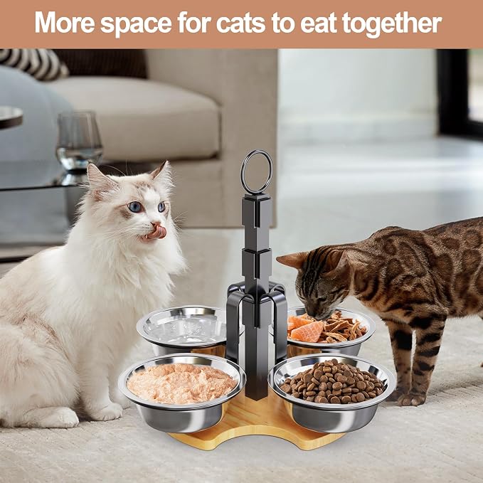 Elevated Cat Bowls 3 Adjustable Height 4 Stainless Steel Cats&Dogs | Pet Elevated Raised Cat Food and Water Bowls 3 Adjustable Heights 4 Stainless Steel Bowls for Indoor Cats Small Dogs