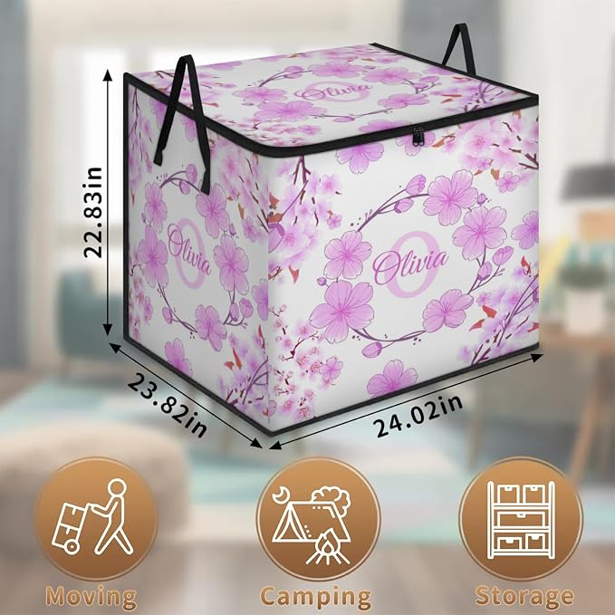 Personalized Extra Large Storage Bins with Lid, Customized Name Jumbo Storage Basket Clothes Organizer for Organizing Kids and Pets Toys Shelf Closet, Violet Pink Cherry Blossom Floral