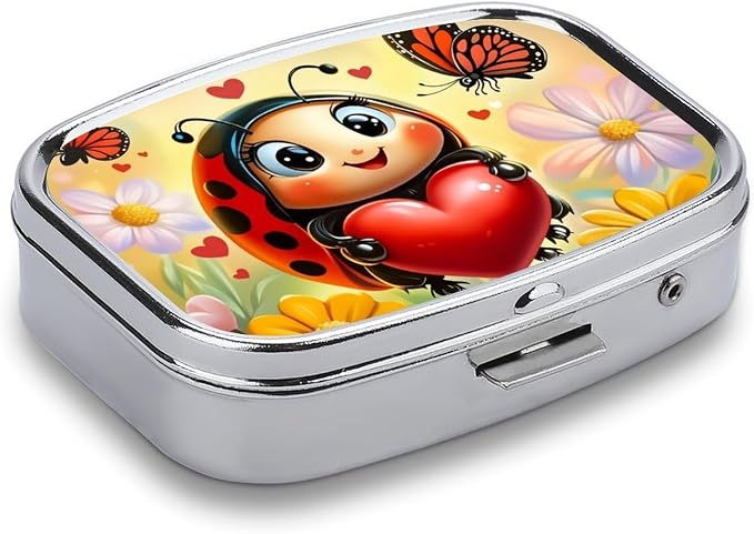 Ladybug Durable Metal Pill Case for Daily Use, 2 Slot Medicine Box Organizer,Leak Proof Travel Pill Container for Vitamins, Compact Pocket Medicine Holder for Seniors,Holiday Gift