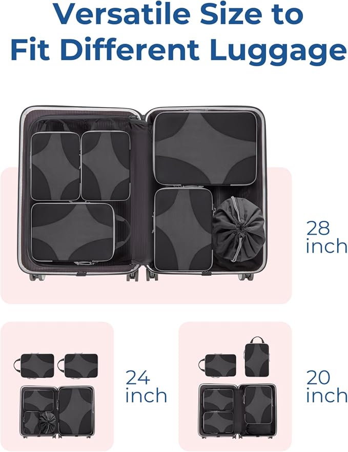 Bagsmart Compression Packing Cubes, Travel Bag Cruise Ship Essentials | Lightweight, Compressible Suitcase Organizer Set fit Standard Carry-On & Checked Luggage, 6 Set, 14 Set Washable Packing Bags