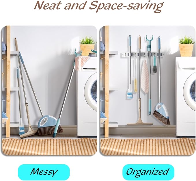 OUTNILI White Mop Broom Holder Wall Mount with 4 Slots & 4 Hooks - Wood Broom Mop Hanger for Pantry Closet Laundry Room Organization - Heavy Duty Garden Tool Organizer - White Kitchen Decor