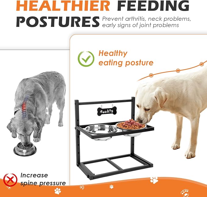 ADENGL Elevated Dog Bowls with Slow Feeder Dog Bowls, 5 Height Adjustable Raised Bowl Stand with 2 Stainless Steel Food & Water Container, Pet Bowl Elevated for Medium Large Pet