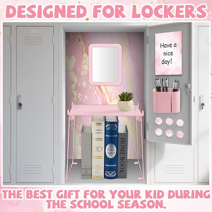13 Pcs School Lockers Magnetic Decor Locker Accessories Kit with Magnetic Pink Marble Print Whiteboard Locker Shelf Mirror Pen Holder Buckle Sheet Organizer Decoration Essential Back to School Supply