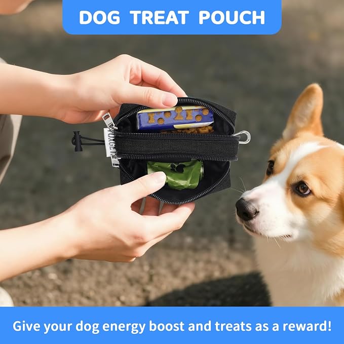 Dog Poop Bag Holder with Treat Pouch, 2 Zipper Pockets & Leash Clip | Waste Bag Dispenser with 1 Roll Poop Bags, Quick Access Treat Storage, Hands-Free Design for Dog Walking, Training & Travel