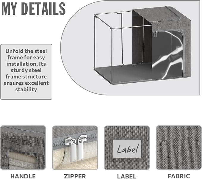 4 Pack Clothes Storage Bins with Metal Frame - 36L Stackable Storage Box with Lid，Foldable Storage Container Organizer for Clothes，Linen Fabric Storage Box with Clear Window＆Zippers＆Handles