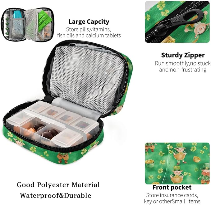 Fustylead Leprechauns and Pots of Gold on Green Background Travel Pill Organizer Bag with Zipper Small Pill Box 7 Day Pill Case for Purse Storage Weekly Vitamin Medicine Supplement