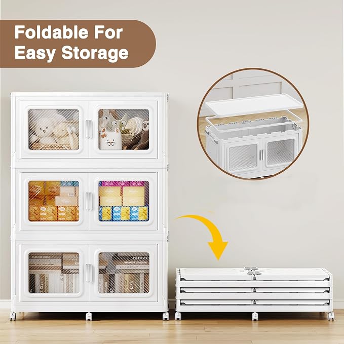 BROVIEW 880 Qt Extra Large Stackable Storage Bin with Lids, 4 Pack White | 220Gal Extra Large, Collapsible Storage Boxes with 4 Lids, Folding& Rolling Plastic Drawer, Heavy-Duty Cabinet Organization