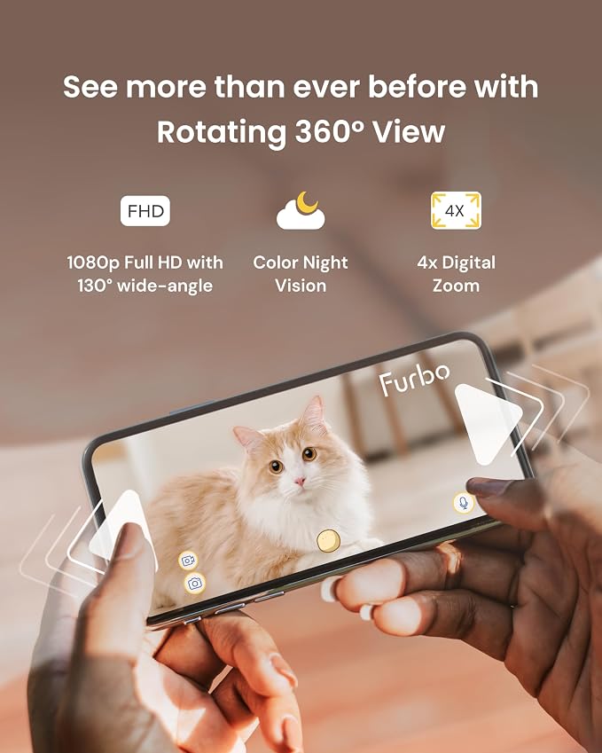 Furbo 360° Cat Camera [No Monthly Fee] | 360° Rotating Live View, Meowing Alerts, Treat Toss, 2-Way Audio, Night Vision, Smart Home Kitten Monitoring, No AI Alerts
