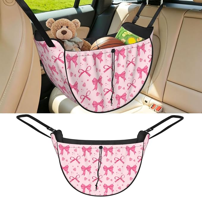 Pink Bow Heart Car Seat Organizer Backseat Storage Bag, Large Waterproof Vehicle Organizer With Adjustable Straps For Gear Essentials, Fits Most Cars