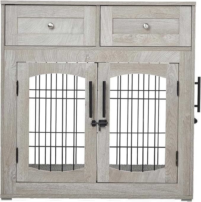 GarveeHome Dog Crate Furniture,Wood Kennel Indoor with Drawers Storage | Furniture style kennel, built-in storage drawers, heavy duty wood frame for indoor pet use