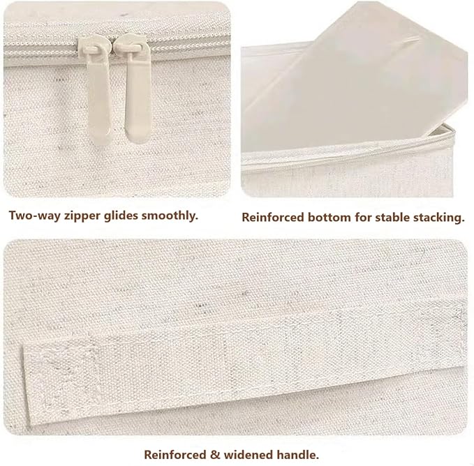 [3 Pack] Beige Cotton Linen Collapsible Storage Bins for Home Organization, Waterproof Fabric Foldable Organizer Boxes, 17.72 x 13.78 x 10.24 Inches, Zippered Flap & Handle (Large)