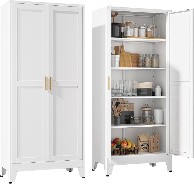 YAUWOH 71''Metal Cabinet with 4 Adjustable Shelves,5-Tier Pantry Storage Cabinet,Kitchen Pantry Cabinet for Living Room,Dining Room, (1PC,White)