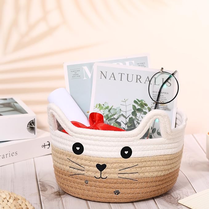 Zopeal Cat Woven Gift Basket Storage,8.3 x 4.7 Inch,Tan Gradient | Cute Cotton Rope Organizer with Handles for Toy Box, Nursery Decor, Decorative Bin, Pet Supplies Holder, Desk Storage