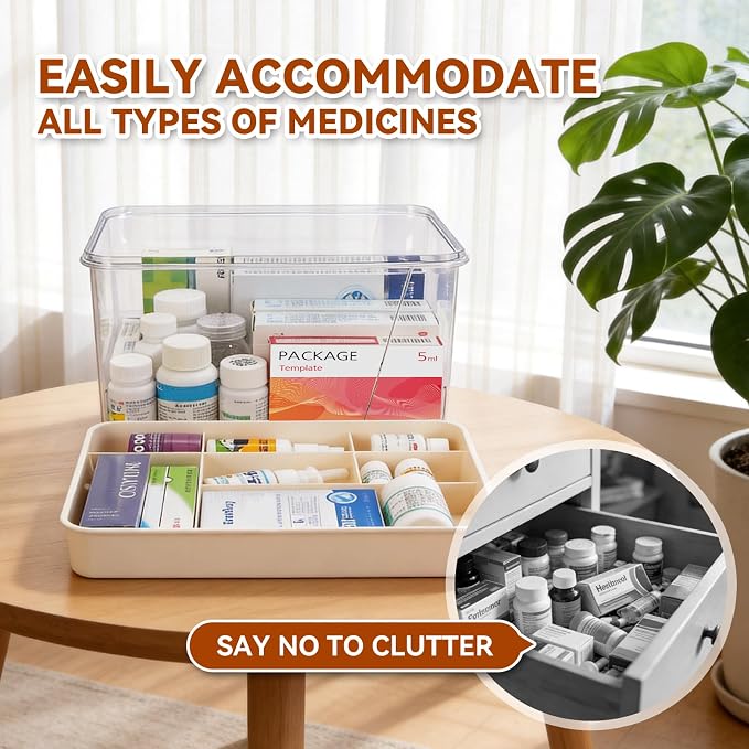 15QT Clear Medicine Storage Box, Portable Double Layer Medicine Organizer Box with Detachable Divided Tray, Clear Medicine Box for Family, Travel, Office & Dorm First Aid Medication Storage(XL)