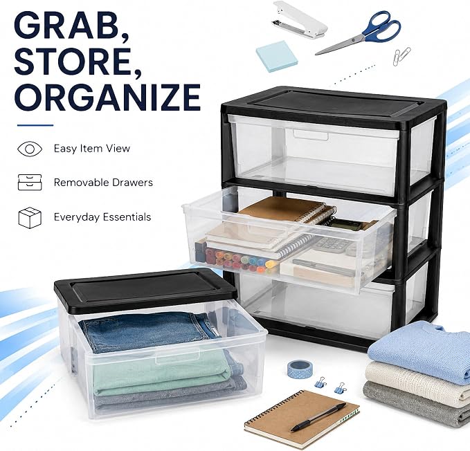 3 Drawer Plastic Storage Tower Wide Organizer for Closet Bedroom (Black) | Stackable wide drawers for clothes, toys and crafts. Durable see-through plastic provides quick visibility.