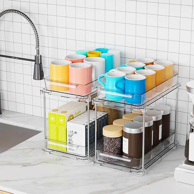 2 Pack 2 Tier Pull Out Drawers for Medicine Cabinet Organizer,Bathroom Under Cabinet Storage,12.1″ Deep Pantry and Medicine Shelf Organizer for Toiletry Product,Vitamin Bottle and Supplement