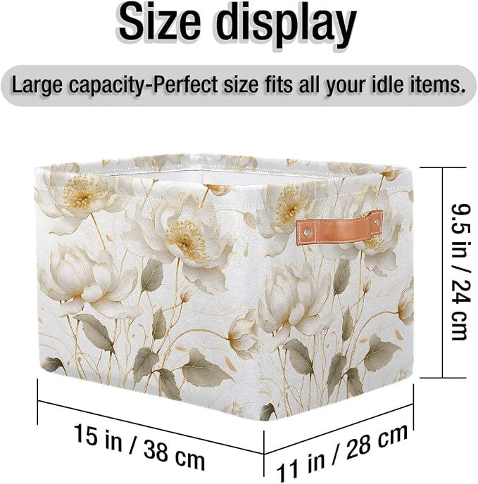 Rectangular Storage Basket White Flower Decorative Storage Bins Boxes Collapsible Cubes Organizer with PU Leather Handles for Home Organization