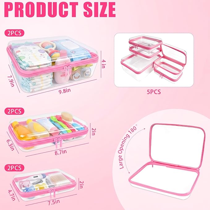 5 Pack Clear Hard Shell Zipper Diaper Bag Organizer Pouches (Pink)
