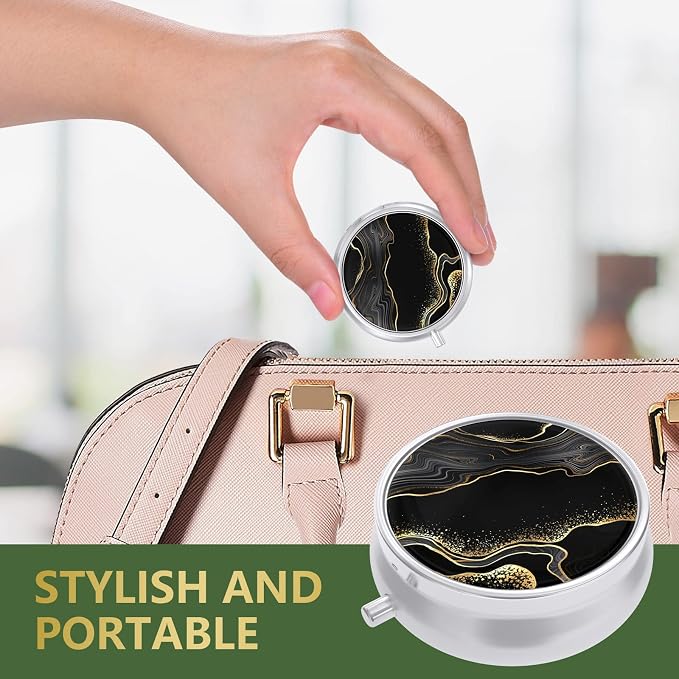 Nipichsha Pill Box, Small Pill Case for Purse & Pocket, Cute Travel Medicine Organizer, Portable Medicine Container Holder to Hold Vitamins, Medication, Fish Oil & Supplement, Luxury Black Marble | Cute Travel Medicine Organizer, Portable Medicine Cont...