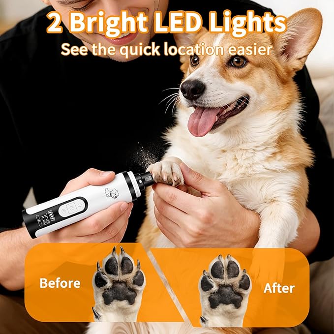 Upgraded Dog Nail Grinder Quiet 3 Adjustable Speed Cordless Silent Nail Grinder Pet Nail Trimmer with LED Light Pet Silent Painless Paw Grooming Supplies for Small/Medium/Large Dogs & Cats