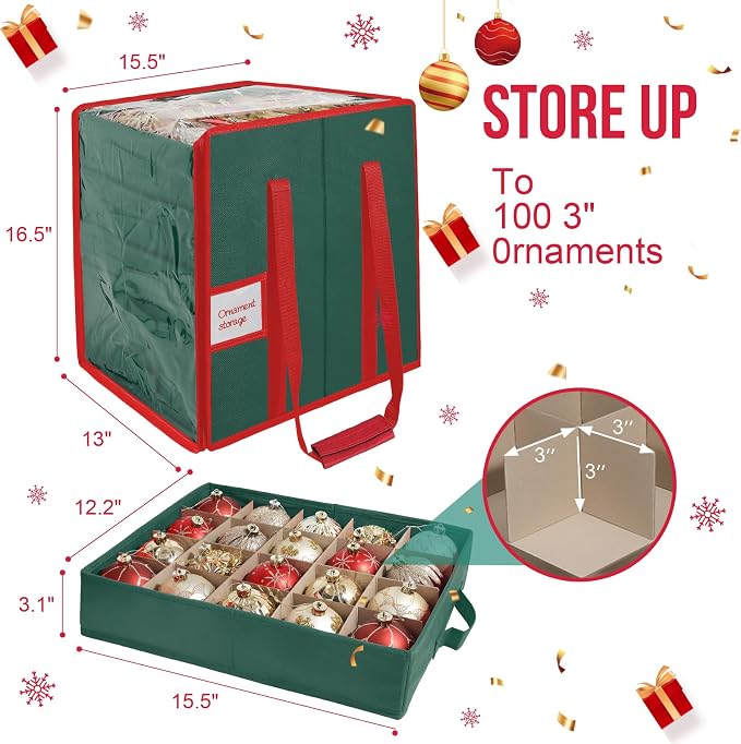 Christmas Ornament Storage Box,5 Tier Holds Up to 100-3” Holiday Décor | Xmas Ornament Organizer Container,Adjustable Dividers,Organizer Bin to Protect and Store Holiday Décor , 600D Oxford Fabric