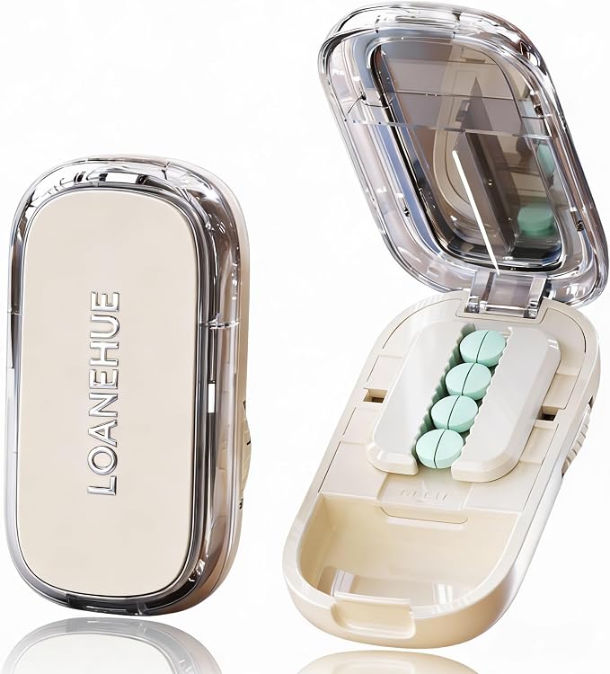 Precision Pill Cutter for Small and Tiny Pills, Sharp Blade with Storage Compartment, Travel-Friendly 1/2 Pill Splitter for Home/On-The-Go, White