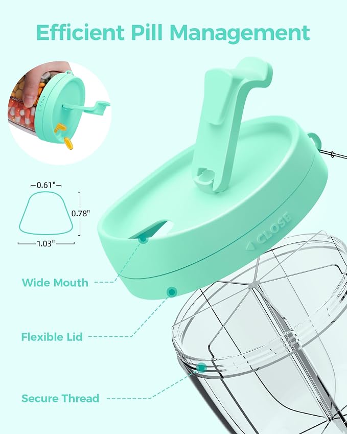 AMOOS Cute Pill Dispenser with Anti-Mix Design, 7-Slot, BPA-Free, Patented | Portable Travel Pill Organizer, Wide Mouth for Easy Access, Pill Bottle Organizer for Vitamins, Fish Oils, Supplements, Green