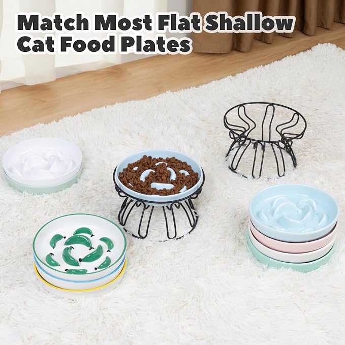 Elevated Cat Bowl Stand - Black Iron Metal Holder with Anti-Slip Grips - Raised Feeding Station for Shallow Cat Food Dishes - 6.7" W x 3.9" H (Bowl Not Included)