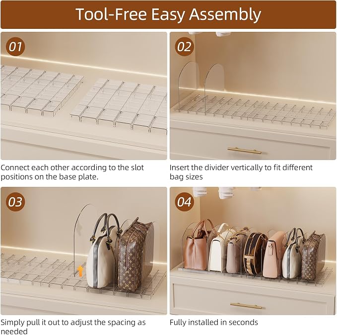 Purse Organizer for Closet 4 Pack Clear Handbag Storage Organizer Adjustable Acrylic Shelf Dividers for Closet Organizers and Storage, Keep Pocketbook, Clutch, Wallet, Bag Upright
