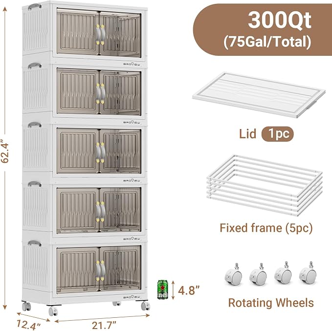 BROVIEW 300Qt Stackable Storage Bins with Lid for Home Dorm, 5Pack White | Closet Organizers, Foldable & Collapsible Cabinets, Large Containers, Wheels & Magnetic Doors, Plastic Drawers for School