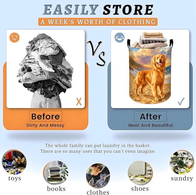 Golden Retriever Laundry Basket, Pet Dog Beach Ocean Storage Hamper, Round Collapsible Waterproof Cloth Bin, 19.7x15.7 Inch Realistic Puppy Clothes Organizer Gifts for Bathroom Decor