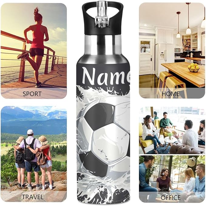 Custom Name Soccer Ball Water Bottle with Straw Lid Kids Insulated Stainless Steel Water Flask Sports, 20 Oz Hot Cold