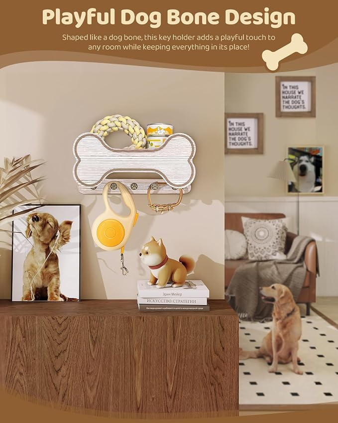 MTERSN Dog Leash Holder for Wall with Key Hooks for Dog Lover Gift, White | Chic 3D Puppy Paw Hooks, Doggie Bone Shape Key Rack Wall Mount with 5 Hooks, Display Shelf, Ideal for Treats & Dog Food