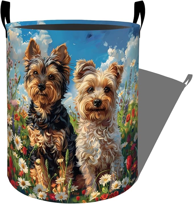 Cute Yorkshire Terriers in Flower Field Laundry Basket with Handles, 19.7"x15.7" Clothes Foldable Puppy Dog Laundry Hamper Organizer for Dorm Nursery Bedroom Bathroom Decor, Toy Storage Bin for Kids