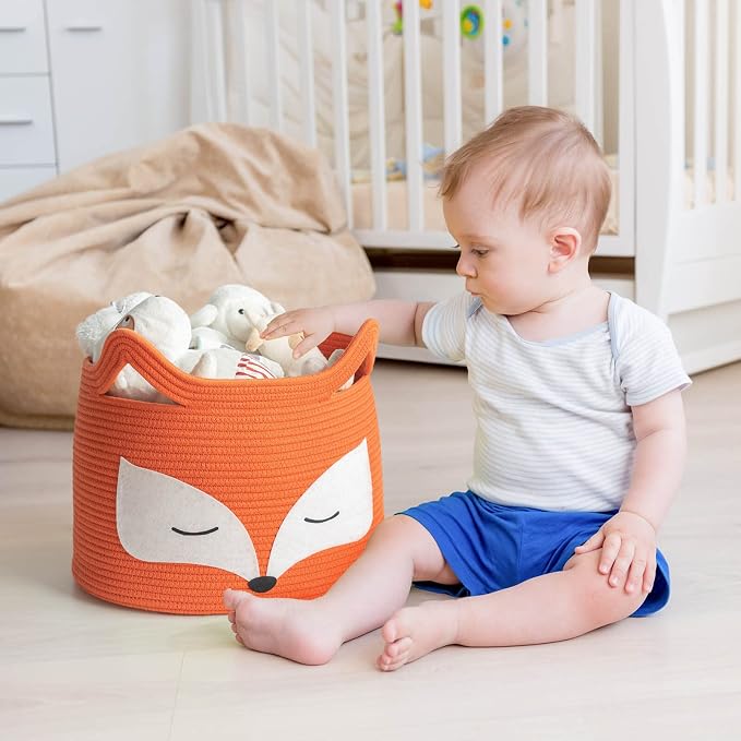 Fox Large Woven Rope Toy Basket for Home Décor, Orange | 15.7" x 11.8" Animal Toy Bin for Living Room Nursery, Baby Storage Basket for Towels, Blankets, with Sturdy Handles