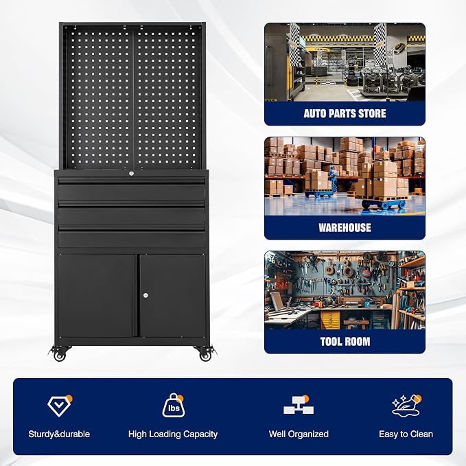 Metal Garage Storage Cabinet with Wheels,3-Drawer Rolling Tool Cabinet with 2 Door and Adjustable Shelves,- 71" Steel Tool Cabinet for Warehouse,Garage,Workshop