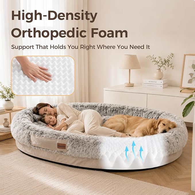 Human Dog Bed for Adult, 71"x48" Large Pet Dog Bed, Light Grey | Adult Dog Bed for Humans with Pillow & Blanket, Fluffle Cloud Dog Bed with Orthopedic Foam Bolster, Durable Zipper, Portable