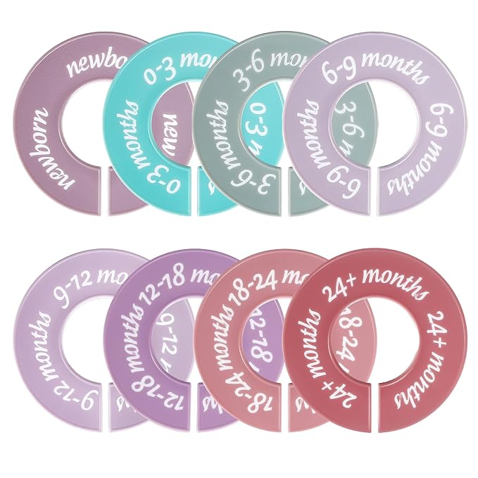 8 Pcs Baby Closet Dividers, Double-Sided Clothes Organizer for NB-24 Months | Sturdy closet separators fit most standard closet rods. Visible size tags simplify sorting and locating baby outfits quickly