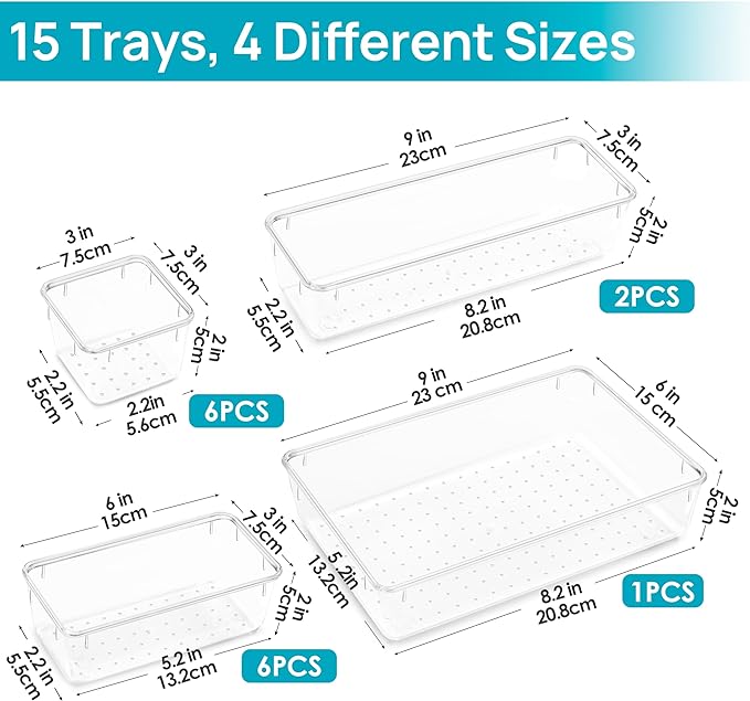 Vtopmart 15 PCS Clear Plastic Drawer Organizers Set, Vanity Organizer Trays | 4-Size Versatile Makeup Organizer, Non-Slip Storage Containers for Makeup, Jewelries, Bedroom，Kitchen Utensils and Office