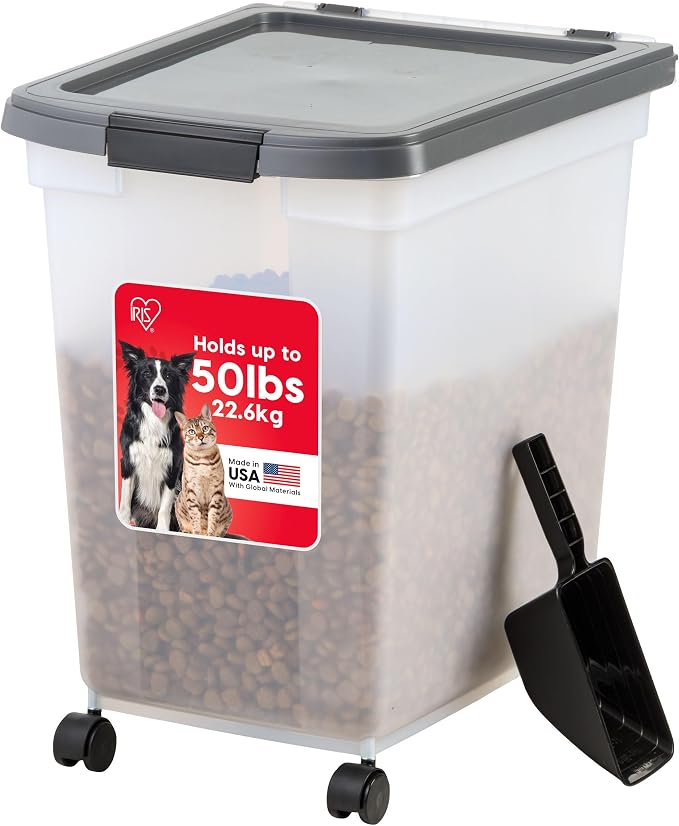 IRIS USA Dog Food Storage Container, Up to 50 lbs, Dark Gray, Made in USA | Includes 2-Cup Scoop & Wheels, Airtight Seal, BPA-Free, Bird Seed, Cat food, Cat Litter, Chicken Feed, Pellets