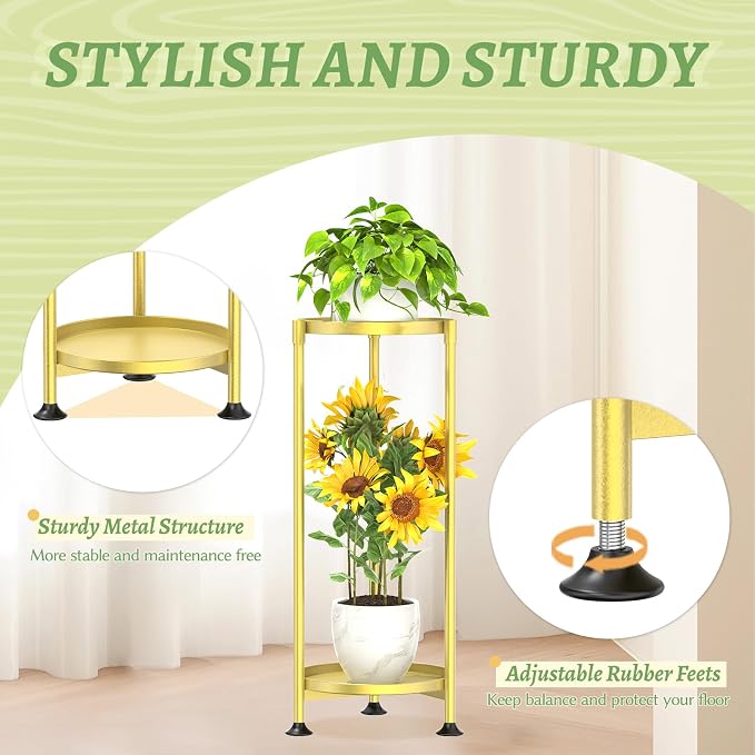 KMOTASUO 2 Tier Metal Plant Stand Tall for Indoor Outdoor Corner, Gold | Heavy Duty Flower Holder Rack, Modern Vertical Iron Shelf for Patio Bathroom Office Garden
